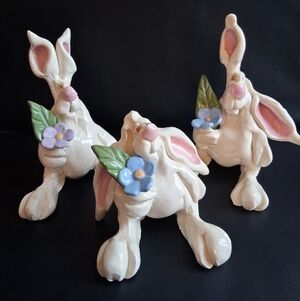 Set Of 3 Anthromorphic Pottery Bunny Figurines By Artist Michael Ezzell